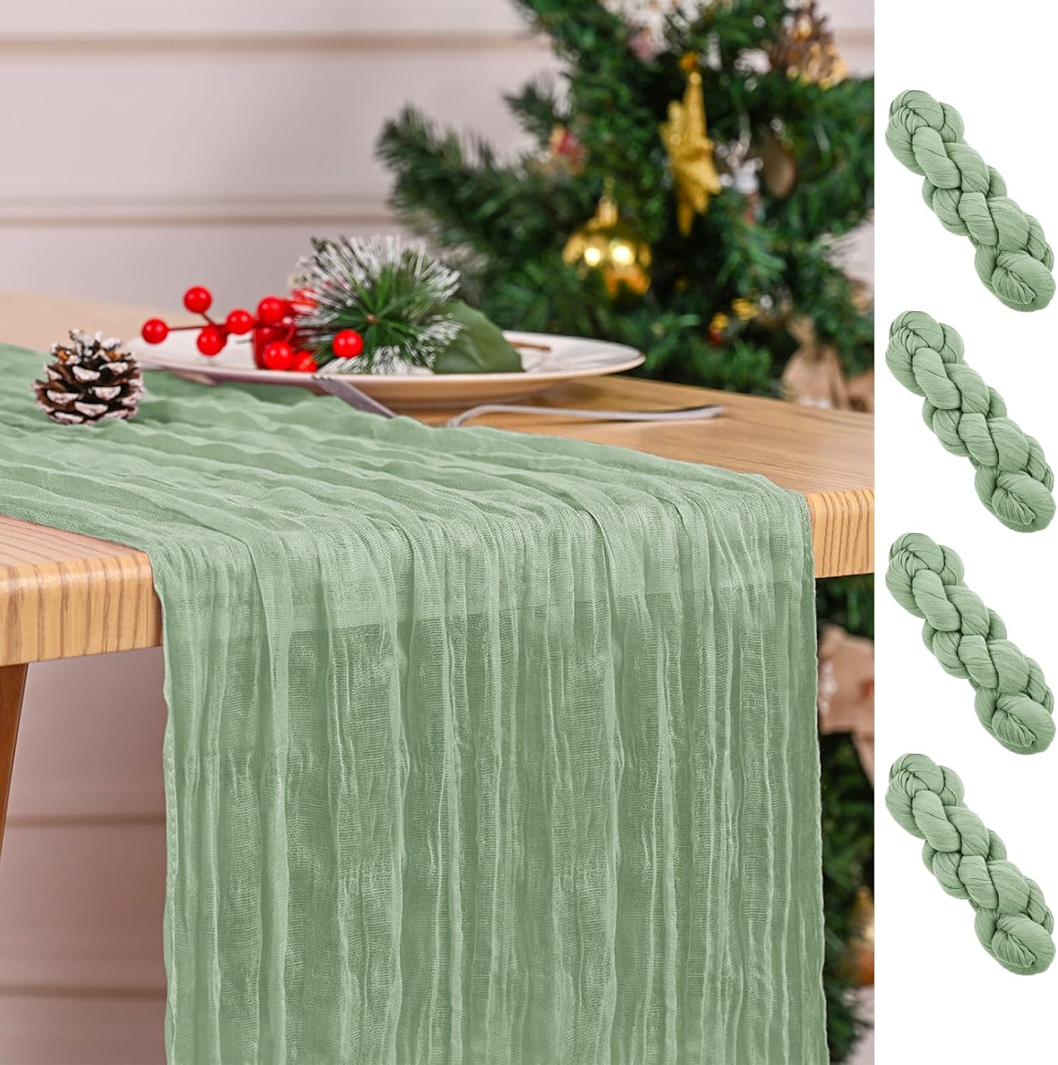 4 Pack Sage Green Table Runner 17 x 108inch Cheesecloth Table Runner Boho Gauze Table Runners for Dining Table Rustic Sheer Fabric Table Runners for Wedding Party Bridal Shower Spring