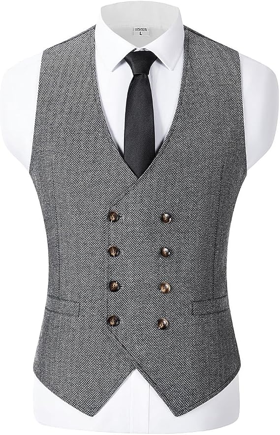 Men's Vintage Suit Vest Double Breasted Wool Tweed Vest for Wedding Groomsmen