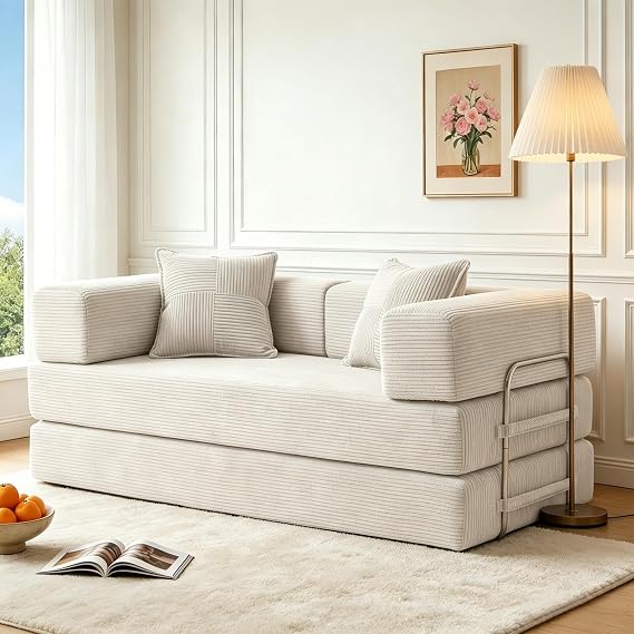 Vipbear 160cm Boneless Couch with Foam & Springs for Bedroom,White | Corduroy,5-in-1 Convertible