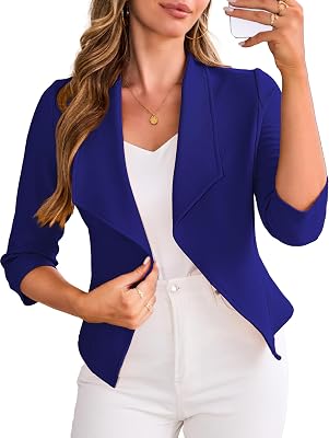 CARDYDONY Womens Cropped Blazer 34 Sleeve Classic Lapel Open Front Work Jacket S-XL
