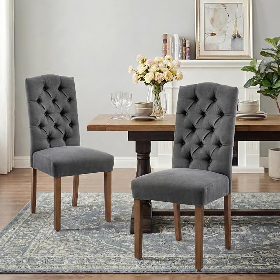 Tufted Dining Chair Fabric Button Upholstered Modern Kitchen Diner Set of 2