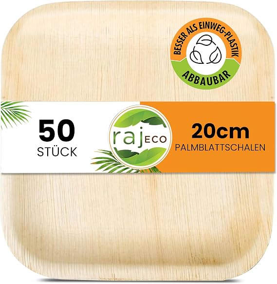 Raj Disposable Palm Leaf Plates Compostable - 50 Square Party Plates (20 cm) Natural Wood Environmentally Friendly Elegant Biodegradable and Disposable Dessert and Appetizer Plates