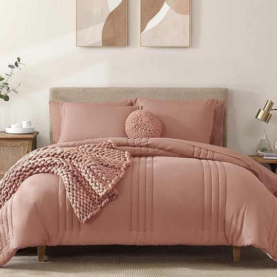 Queen Comforter Set-7 Pieces Clay Pink Soft Bed in a Bag Queen Bedding Sets