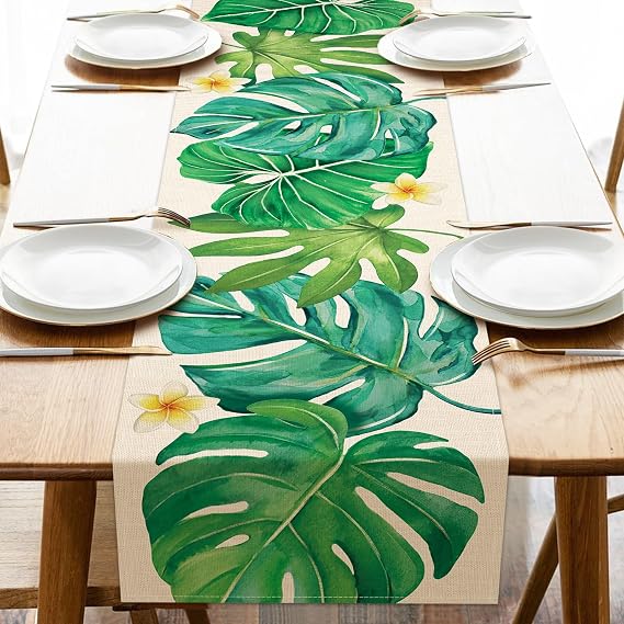 Summer Monstera Palm Leaves Dining Table Runner, Tropical Plant