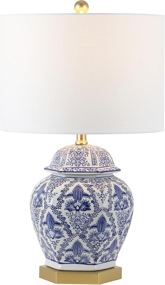 JONATHAN Y 25" Blue/White Classic Traditional Ginger Jar Ceramic LED Table Lamp, Chinoiserie Table Lamp for Living Room Bedroom, Gold Base, White Linen Shade, LED Bulb Included JYL3051A