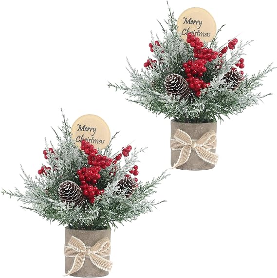 JIALEIXI 2PCS Small Christmas Tree,Tabletop Mini Xmas Tree,9" Artificial Little Potted for Christmas Decor,Suitable for Weddings, Holidays, Christmas and Other Festivals.(Red/Green)