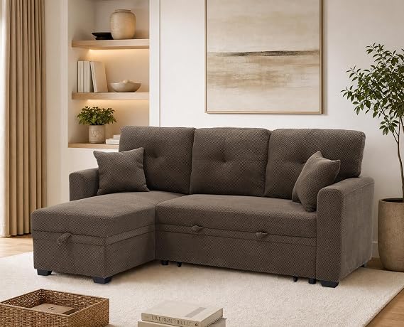 L-Shaped Pull Out Sofa Bed, Convertible Sleeper Sectional Sofa Couch with Reversible Storage Chaise and Pillows, Small Space Solution, Brown