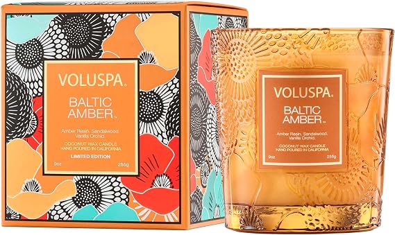 Voluspa Limited Edition Baltic Amber Classic Candle, 9 oz, Coconut Wax for Clean Burning, 60 Hour Burn Time, Amber Candle Handcrafted in The USA
