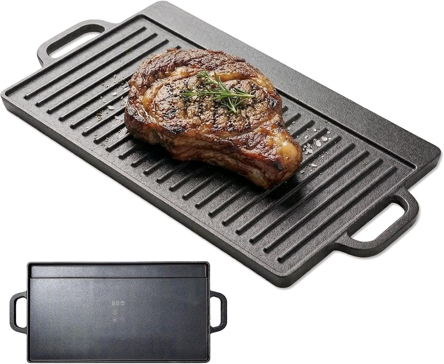 GEEZY Double Sided Cast Iron Griddle Plate 50x23cm - Reversible BBQ Grill Pan & Skillet for All Hobs, Flat & Ridged Surfaces, Fat Drainage, 2 Handles - Great for Gas Hobs, Induction, Camping, Garden