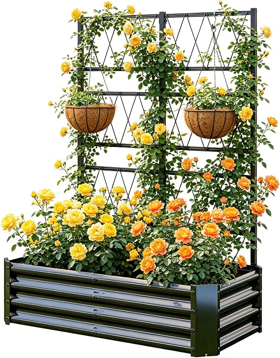 Galvanized Raised Garden Bed with Trellis for Outdoor Climbing Plants Black