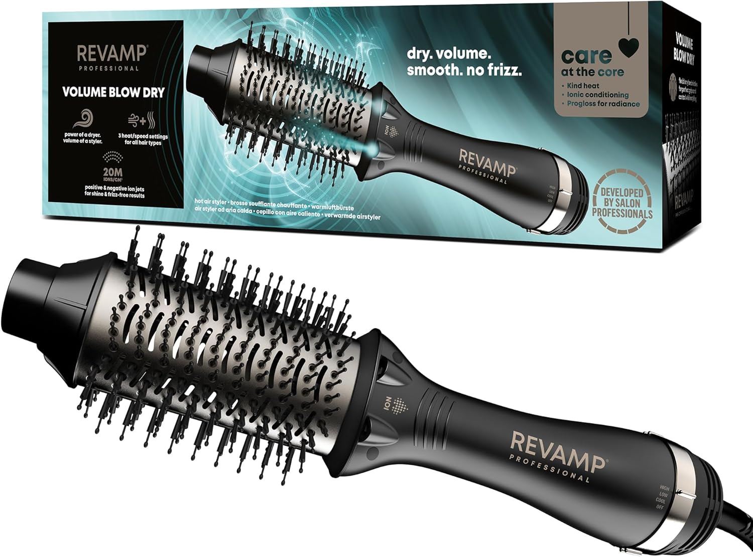 REVAMP Progloss Pro Define Perfect Blow Dry Volume Air Styler Multifunctional Professional Hot Air and Volume Brush for Drying Detangling and More Volume Salon Professional Volumiser