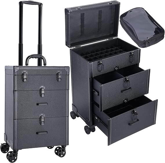 Frenessa Rolling Nail Case - Wheeled Vegan Leather Manicure Storage Organizer for Nail Technicians, Cosmetologists, and Stylists