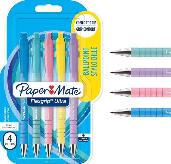 Paper Mate Flexgrip Ultra Pastel Ballpoint Pens | Medium Point (1.0mm) | Black Ink | Pastel Barrels | 5 Count