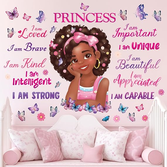 DECOWALL SG2-2405 Black Girl Magic Wall Stickers Decals Kids Girls Room Little Bedroom Decorations Art Princess Toddler Butterfly Nursery Pink Decor Peel and Stick Baby Positive Saying Inspirational