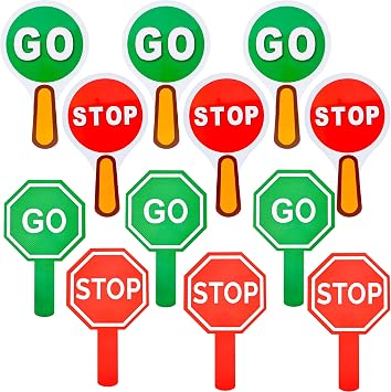 12 Pcs Stop and Go Sign Double Sided Handle Guard Road Signs Waterproof Crossing Stop Sign for Kids Teaching Traffic Safety Green Red Light, 2 Styles