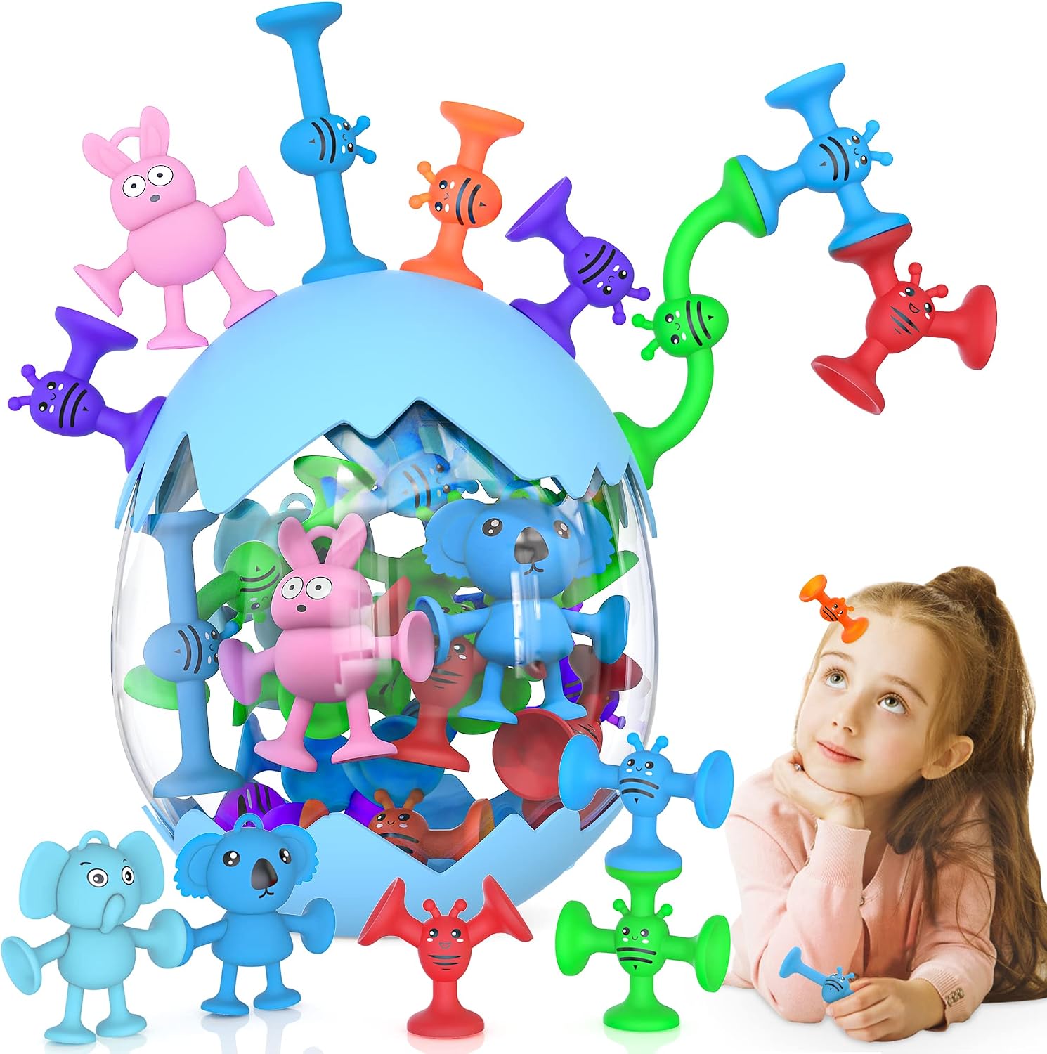 Juguetes de ventosa para niños, juguetes de baño de succión para niños pequeños, juguetes apilables, juguetes de ducha para niños a partir de 3 años y niñas, juguetes de tina Montessori, juguetsenses
