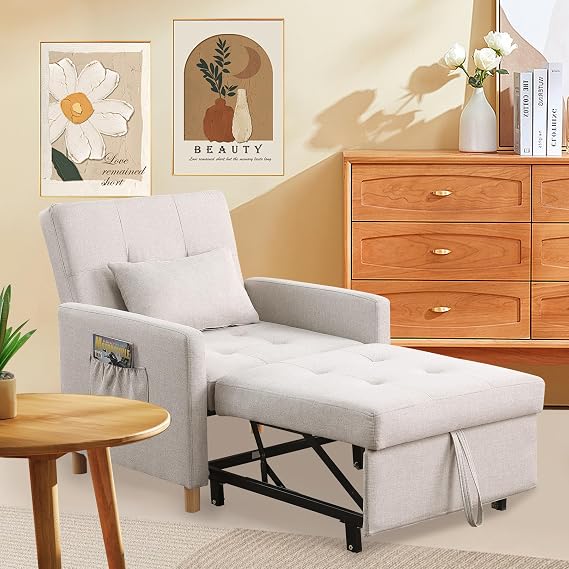 Convertible Sleeper Sofa Chair Bed,3-in-1 Sleeper Chair Bed with Pillow,Pull Out Single Armchair Sofa Bed with Adjustable Backrest, Multi-Functiona Lounge Chair for Living Room (Beige)