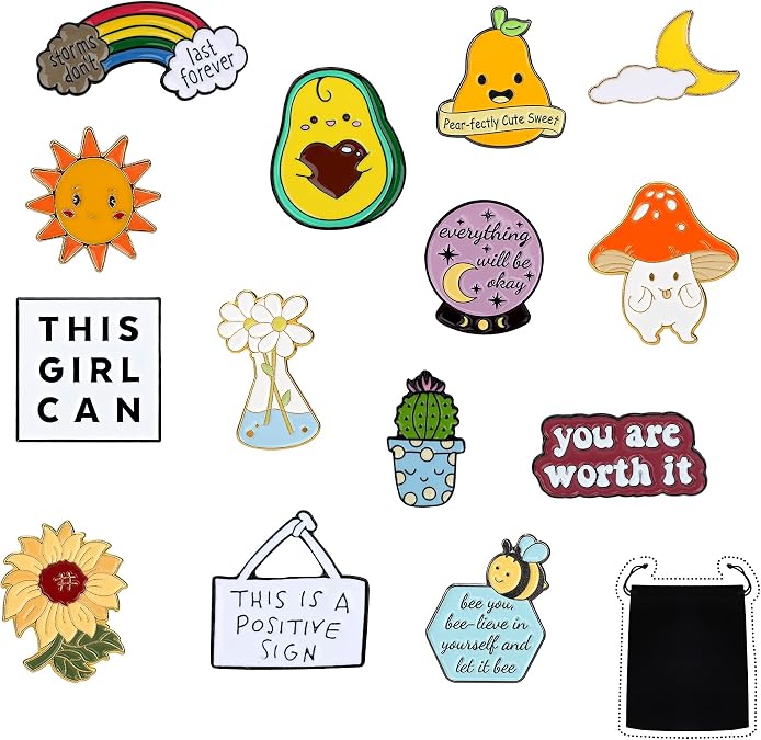 14 Pieces Positive Enamel Pins Set Motivational Enamel Lapel Pin Inspirational Cute Brooch Pin Badges for Women Clothing Bags Hats Decorations