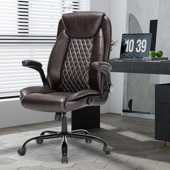 Heavy-Duty Executive Office Chair with Ergonomic Design, 300LBS PU Leather Chair with Adjustable Lumbar Support, 360 Swivel, Reclining Backrest, and Flip-Up Armrests for Big and Tall People(Brown)