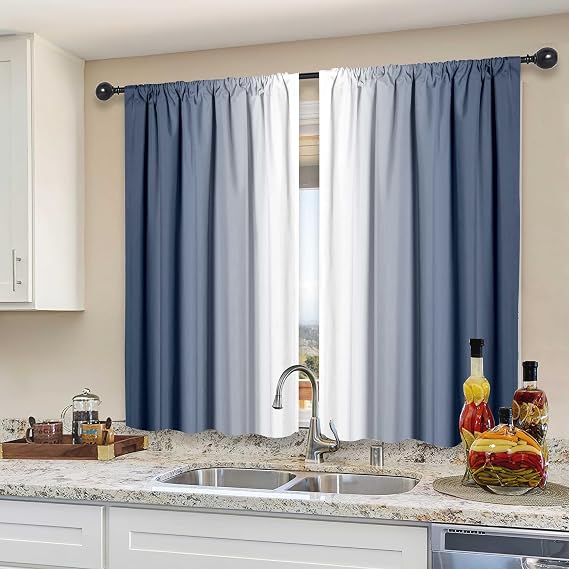 Blue and White Kitchen Curtains 2 Panels,W 27.5" XL 39" | Kitchen Curtains for Dining Room Bathrooms 39 inch Length Semi Sheer Curtains Rod Pocket Over Sink Cottage Decor