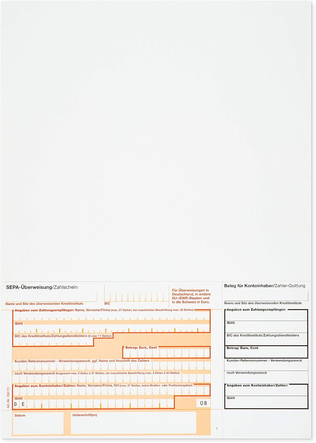 500 x Transfer Carrier Transfer Form SEPA Payment Note A4 Lower Left 732111 Quantity Selectable
