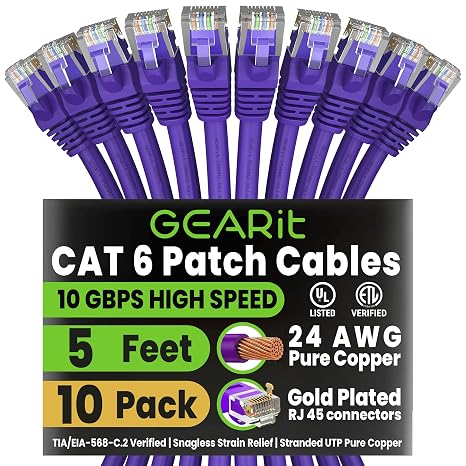 GEARit Cat6 Patch Cables Cat 6 Ethernet Cable 5 ft 10-Pack Purple | Ethernet Patch Cable, 10Gbps 550MHz 24AWG Pure Copper, Snagless, Gold Plated RJ45 for Router, Server, Router, PC