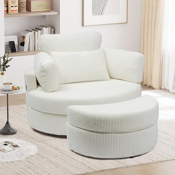 Oversized Swivel Chair with Ottoman, 41.3" Swivel Accent Chair, Barrel Chairs with USB Charging Port, Round Chaise Lounge Indoor with 4 Pillow, Reading Chairs for Living Room (White, Large)