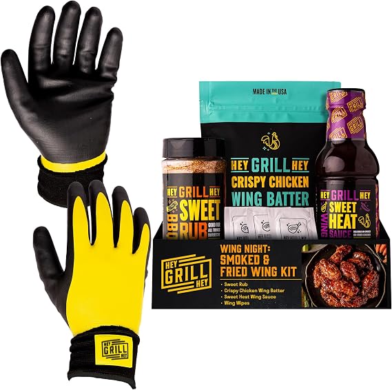 Hey Grill Hey Pitmaster Gloves (M) + Chicken Wing Seasoning & Sauce Kit | BBQ Gloves Heat Resistant up to 500F or 260C | Waterproof | Size - Medium