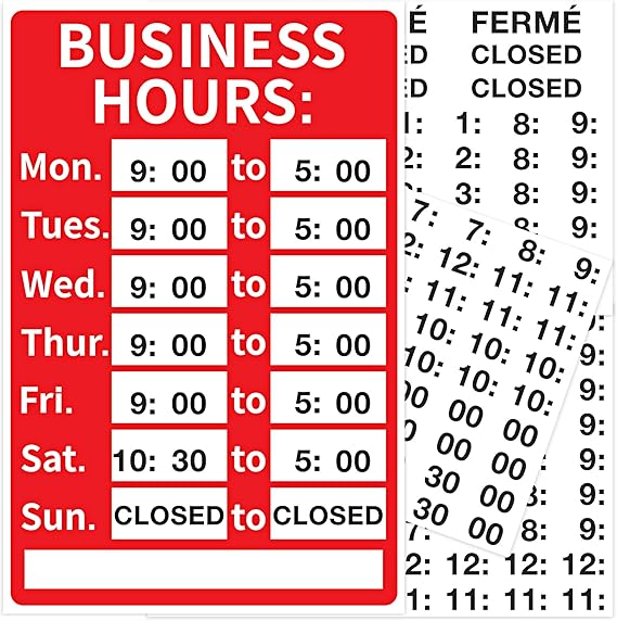 Open Signs, Business Hours Sign, Durable Letters Numbers Signage for Store, Office, 8 x 12 Inches Red, White