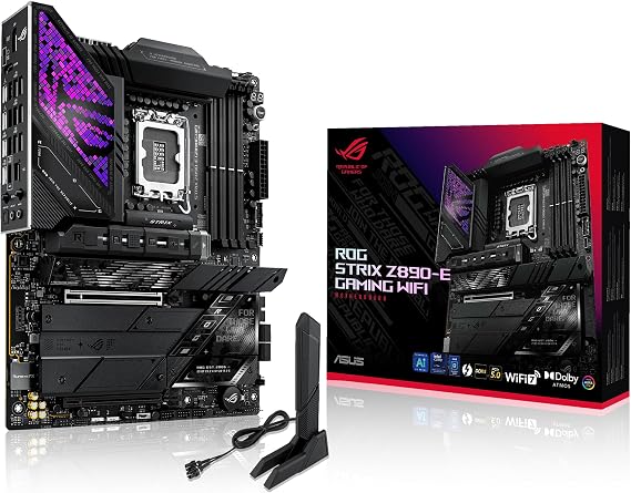 ASUS ROG STRIX Z890-E GAMING WIFI - Intel Z890, LGA1851, DDR5 8800, DP, HDMI, 2xUSB4, 7xM.2, USB3.2, WiFi 7+BT, Aura RGB, 5Gb LAN, ATX, 18+1+1+122 power, TB4, Nitropath DRAM, NPU BOOST Motherboard