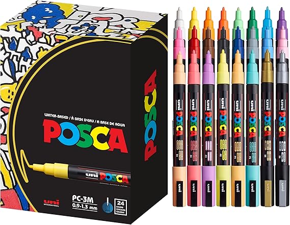 posca Paint Markers, 3M Fine Point Acrylic Paint Pens with Reversible Tips, Art Supplies For Gifts, Decorations, Fabric, Metal, Glass, Wood and Canvas, Set of 24