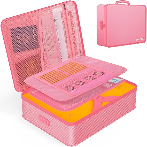 5200F Fireproof Document Box with Lock 8 Layers Water Resistant | Home ,Travel ,Strong, Fireproof Safe Storage Document Storage Organizer for Important Documents and File,Pink