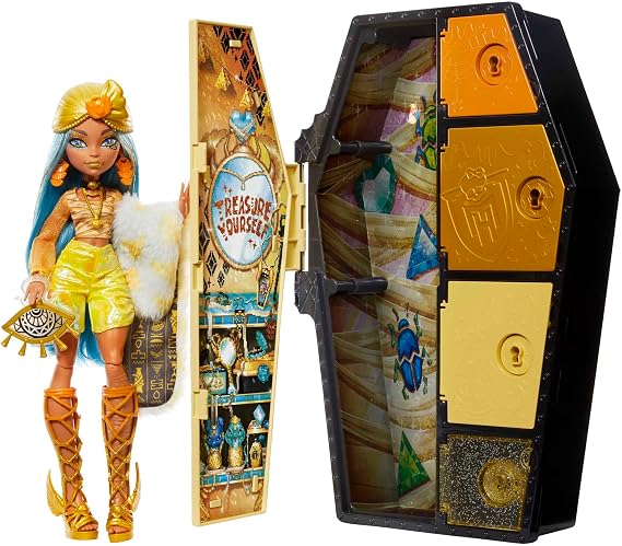Monster High Skulltimate Secrets Fearidescent - Cleo de Nile Doll with Coffin-shaped Locker with Over 19 Majestic Mummified Surprises for Children Aged 6 and Above HNF76