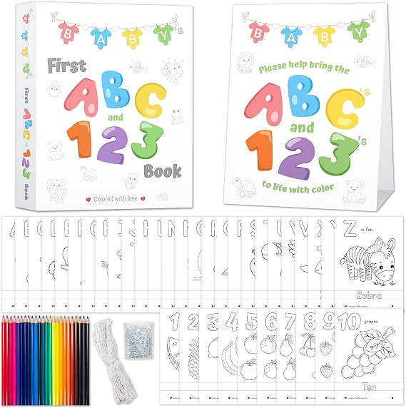 Party Hearty Baby's First ABC & 123 Book, Baby Shower Activity Keepsake | Guest Book Alternative, Alphabet Coloring Pages, Educational Keepsake, Activities for Guests, Games Craft Kit