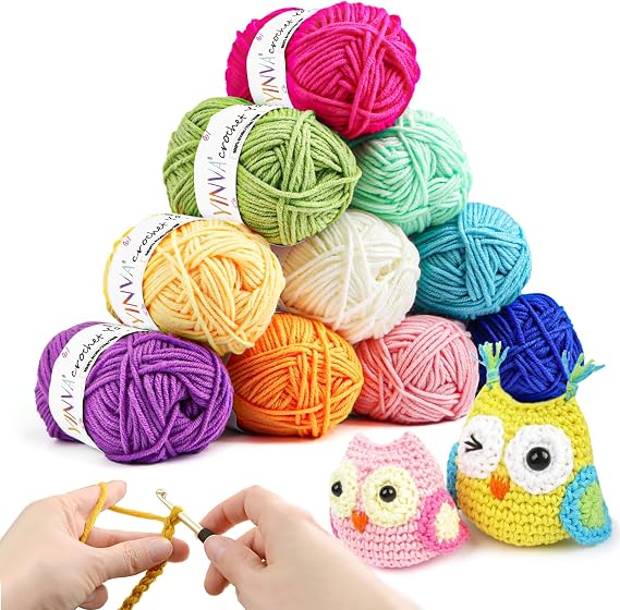 YINVA Crochet Yarn 10 Colours x 25 g Acrylic Wool for Crochet Wool for Knitting Crochet Wool for Beginners Multicoloured Crochet Yarn for Knitting Crochet and Crafts