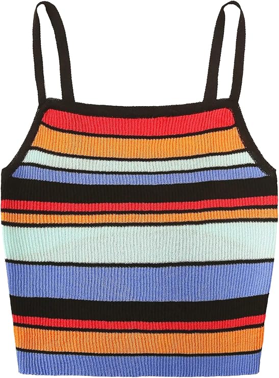 SweatyRocks Women's Sexy Strappy Crop Top Striped Print Ribbed Knit Cami Top