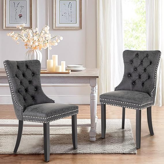 ALPHA HOME Dining Chairs Set of 2, Upholstered Chairs with Solid Wood Legs and Padded Seat for Kitchen & Dining Room, Faux Leather Padded Parson Chairs,Black