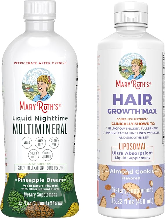 MaryRuth's Liquid Nighttime Multimineral (Pineapple) & Hair Growth Max Liposomal (Almond Cookie) | Clean Label Project Verified | Sugar-Free, Vegan | Bedtime Routine, Beauty, Hair & Skin Support