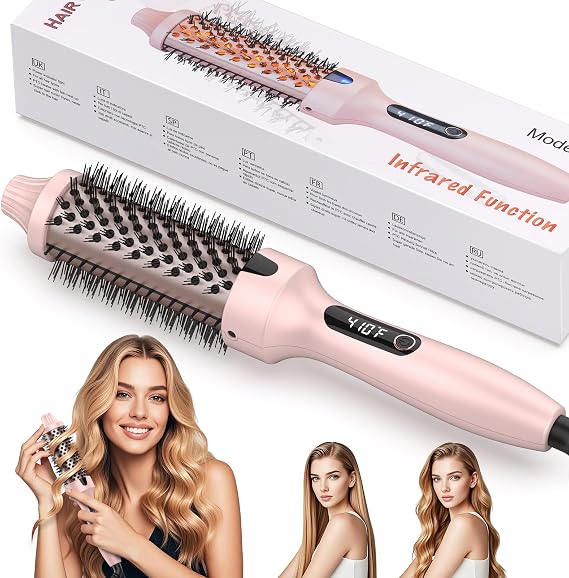 Thermal Brush, Heated Hot Brush for Hair Styling, 38mm Dual Voltage Hot Hair Straightener Curler with 6 Temperature Adjustable Heated Curling Iron for Women