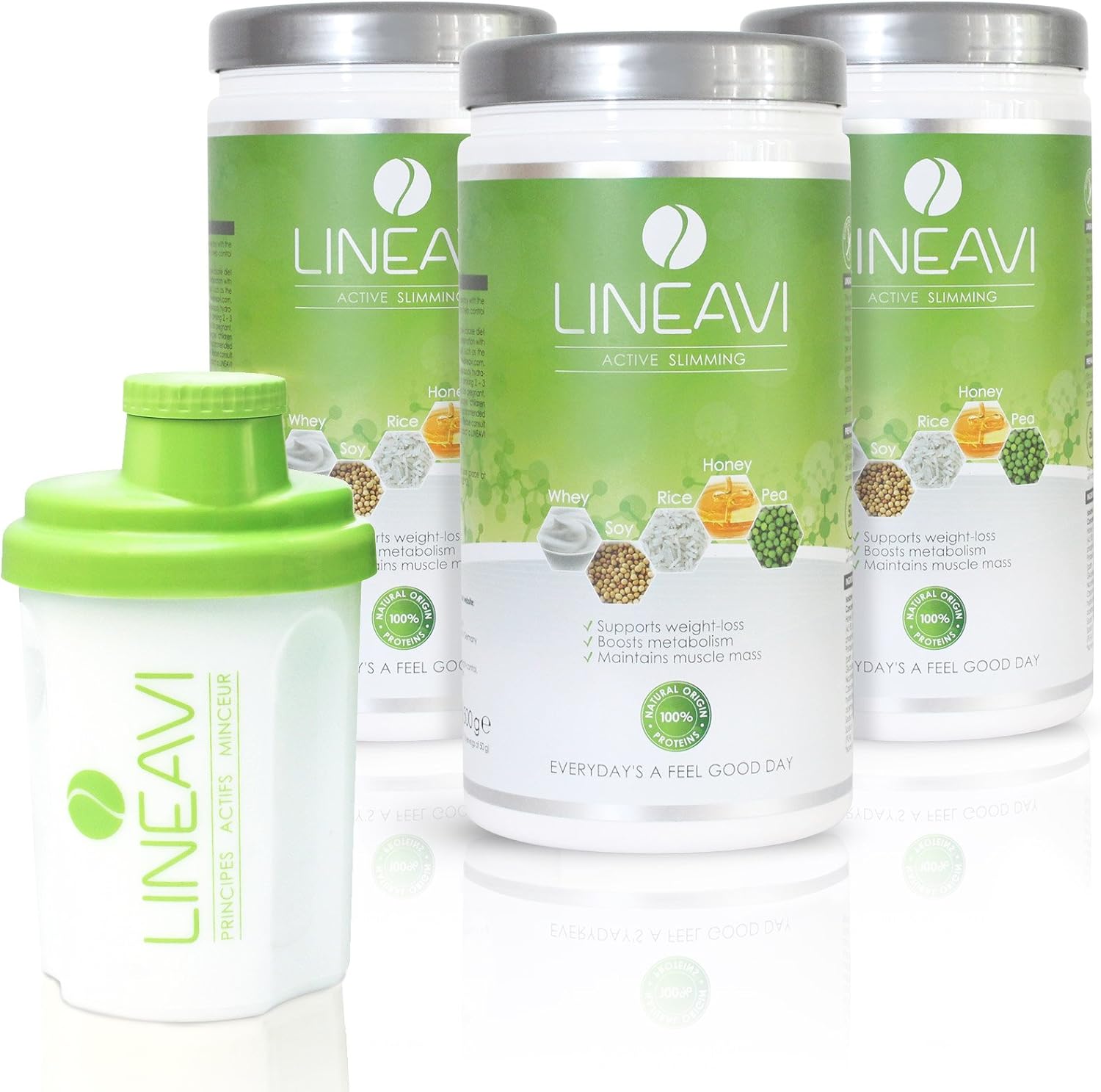 LINEAVI Active Slimming, protein meal replacement shakes for weight loss control, mix of soy, pea, rice and whey proteins, lactose free and gluten free, made in Germany, 3x500g  shaker
