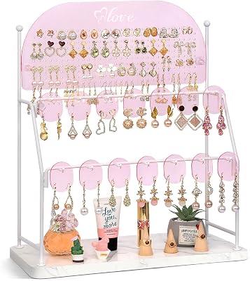 Keebofly Acrylic Earring Organizer Stand for Girls & Teens, Large 300 Holes & 14 Hooks Jewelry Display Holder for Studs, Hoops, Dangles, Necklaces & Bracelets, Vanity Desk Storage Decor, Pink