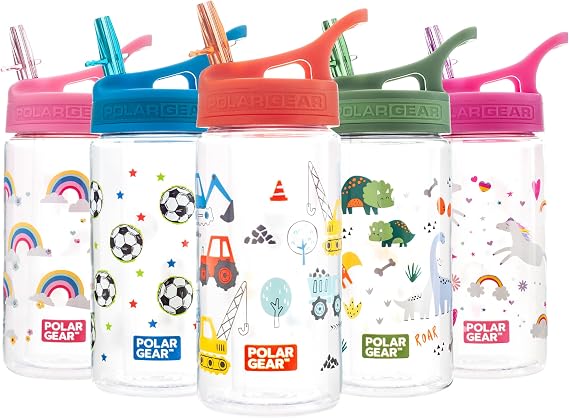 Polar Gear Kids Water Bottles with Straw - 400ml BPA-Free Kids Drinks Bottle with Carry Handle - School Water Bottle with Removable Straw - Construction, Red