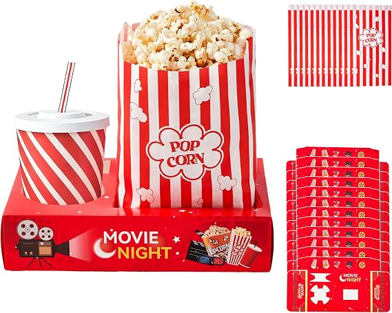 RAYMEA 24Pcs Movie Night Supplies Disposable Paper Movie Snack Trays (12ct) and Retro Style Large Capacity Popcorn Bags(12ct), Drink & Candy Snack Boxes for Cinema Family Birthday Parties