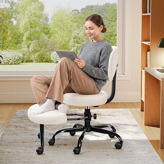 Cross Legged Office Chair with Wheels- Ergonomic ADHD Chairs for Adults, 360 Swivel Meditation Chair, Wider Height Adjustable Backrest and Seat, Kneeling Desk Chairs for Home Office, Beige White