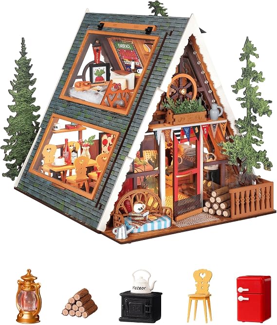Rolife A-Frame Cabin DIY Miniature Dollhouse Kit Creative Gift for Adults | 1:18 Scale Forest Cabin Tiny House with Openable Skylight and LED Light, Wooden 3D Puzzle Model Kit for Home Decor Display