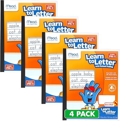 Mead Learn to Letter Writing Tablet, Handwriting Practice Pad Grades PK-1, 10 x 8, Solid & Dotted Raised Ruling, 40 Sheets, 4 Pack 480018