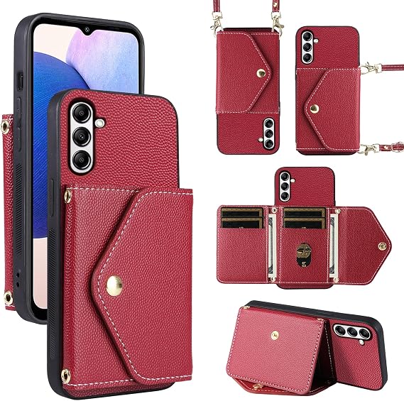 Minimalist Wallet Case for Samsung Galaxy A56 5G with Shoulder Strap,6 Card Slots Thin Slim Flip Purse,PU Leather Credit Card Holder Stand Accessories Cell Phone Cover for A 56 56A LTE Red