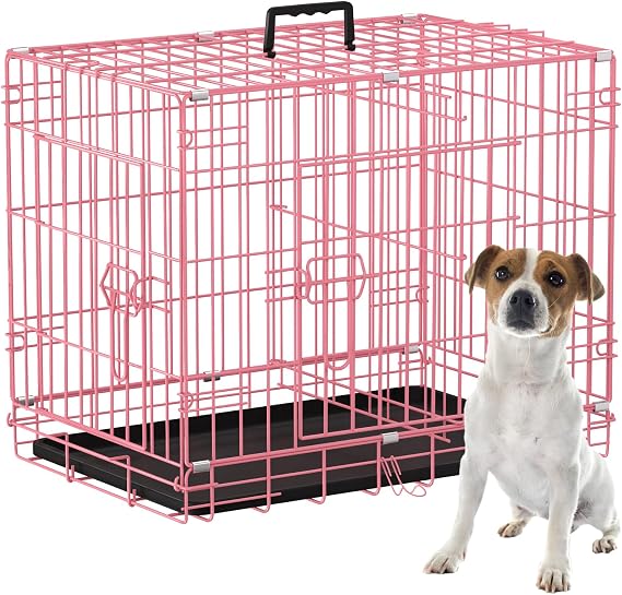 24 Inch Dog Crate Double Door Folding Metal Wire Dog Kennel Cage with Divider Panel & Leak Proof Plastic Tray for Small Dogs Indoor and Outdoor Portable Dog Cage,Pink (Pink)