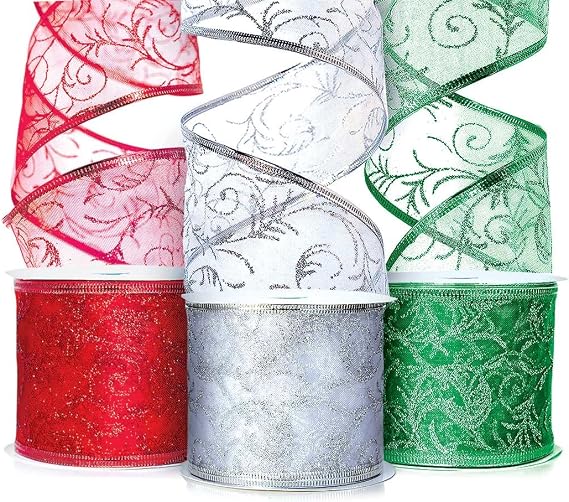 Christmas Ribbon for Gift Wrapping Ribbons Wired - 2.5 Inch Set - Ribbon Wire Red, Green, and Silver Sheer Organza Glitter for Gift Wrap, Xmas Tree Decoration, Holiday Craft