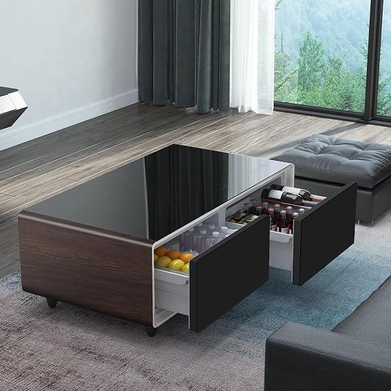 51in Smart Coffee Table with Built in Fridge, Living Room Table Bluetooth Sound and Wireless Charging, Type-C & USB Interface, Temperature Control, Modern Center Table with LED